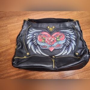 Isabella Fiore Black Leather Shoulder Bag with Red Heart & Wing Motif